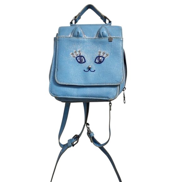 Anna Sui Cat Face Mini Leather Backpack Purse Blue Distressed Jean Bag Cute Ears - Picture 2 of 16
